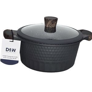 D&W Premium Cookware 9.5in Stock Pot Casserole with Lid Non-stick 4.5QT Black